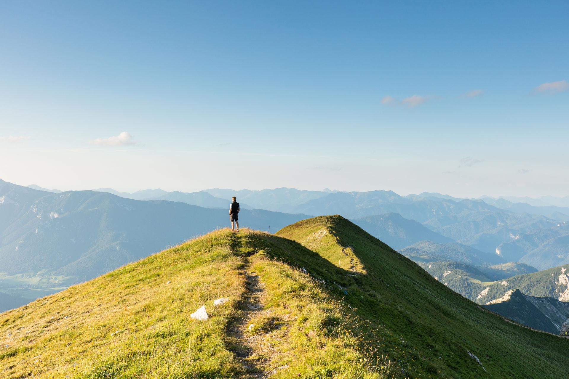 Person steht auf grünem Berggrat, blickt über weite Alpenlandschaft.