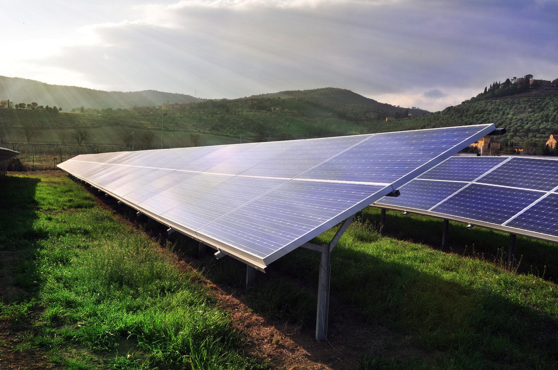 Solarmodule auf einem Dach im Sonnenlicht.