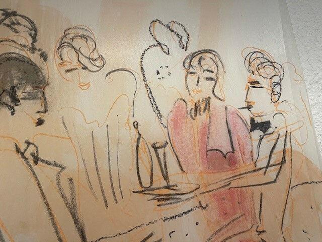 Wall drawing of stylised guests enjoying an aperitif.